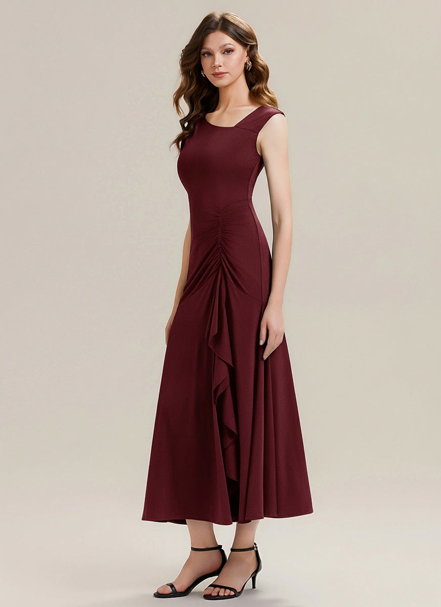 Robe maxi sirène asymétrique sans bretelles avec volants et haute élasticité #Couleur_Bordeaux