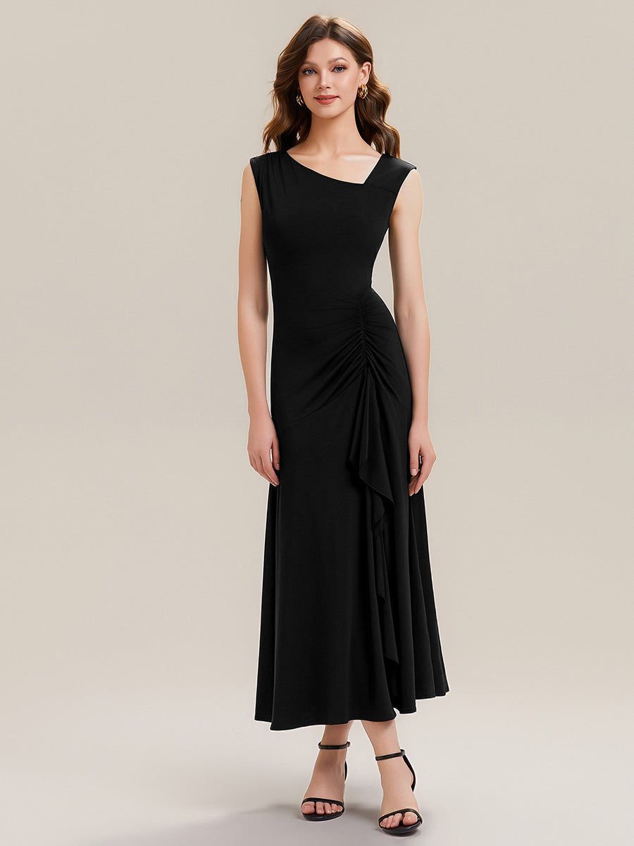 Robe maxi sirène asymétrique sans bretelles avec volants et haute élasticité #Couleur_Noir