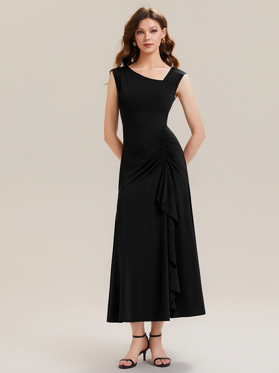 Robe maxi sirène asymétrique sans bretelles avec volants et haute élasticité #Couleur_Noir