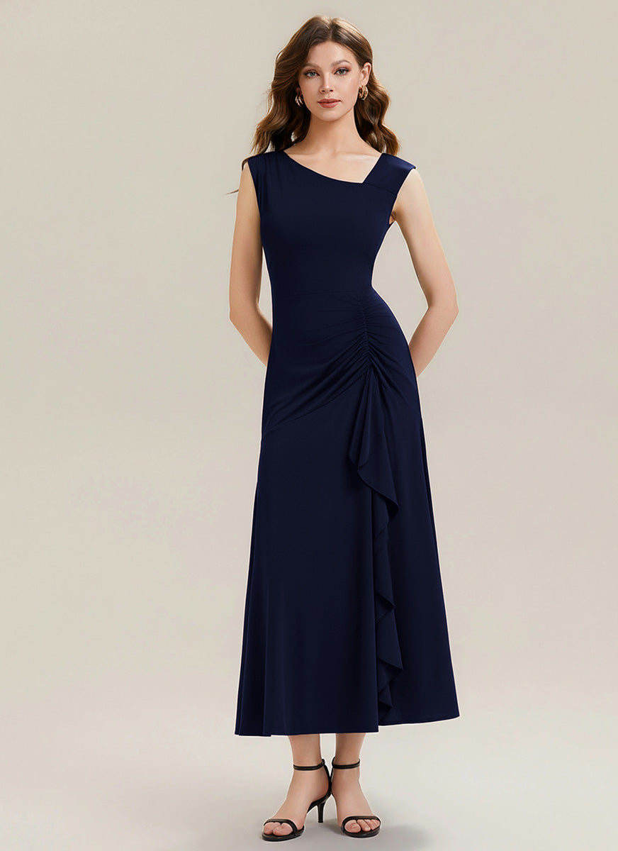 Robe maxi sirène asymétrique sans bretelles avec volants et haute élasticité #Couleur_Bleu Marine