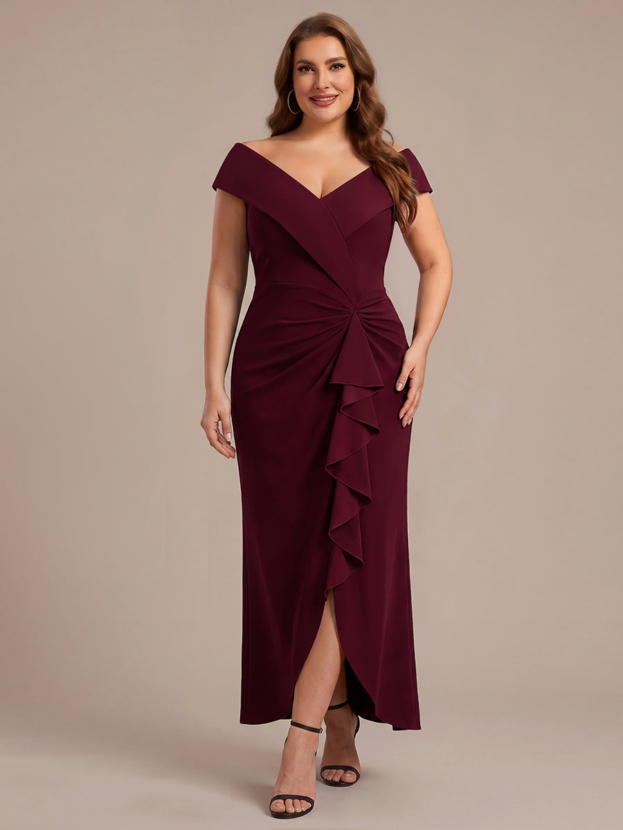 Robe sir¨¨ne ¨¤ encolure en V asym¨¦trique avec volants et fermeture ¨¦clair au dos sans manches tr¨¨s extensible #Couleur_Bordeaux