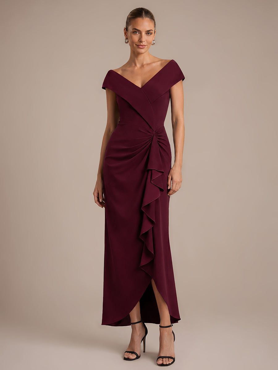 Robe sir¨¨ne ¨¤ encolure en V asym¨¦trique avec volants et fermeture ¨¦clair au dos sans manches tr¨¨s extensible #Couleur_Bordeaux