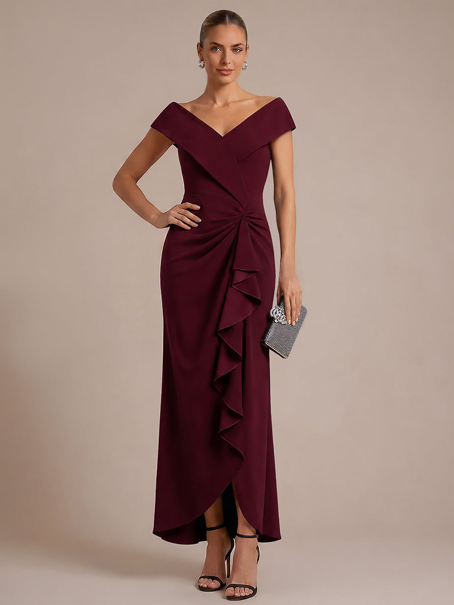 Robe sir¨¨ne ¨¤ encolure en V asym¨¦trique avec volants et fermeture ¨¦clair au dos sans manches tr¨¨s extensible #Couleur_Bordeaux