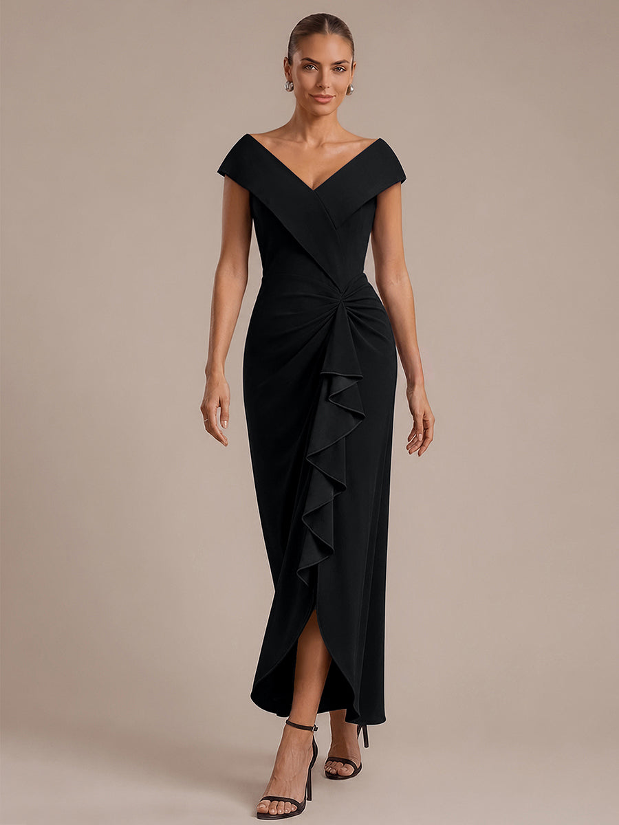 Robe sir¨¨ne ¨¤ encolure en V asym¨¦trique avec volants et fermeture ¨¦clair au dos sans manches tr¨¨s extensible #Couleur_Noir