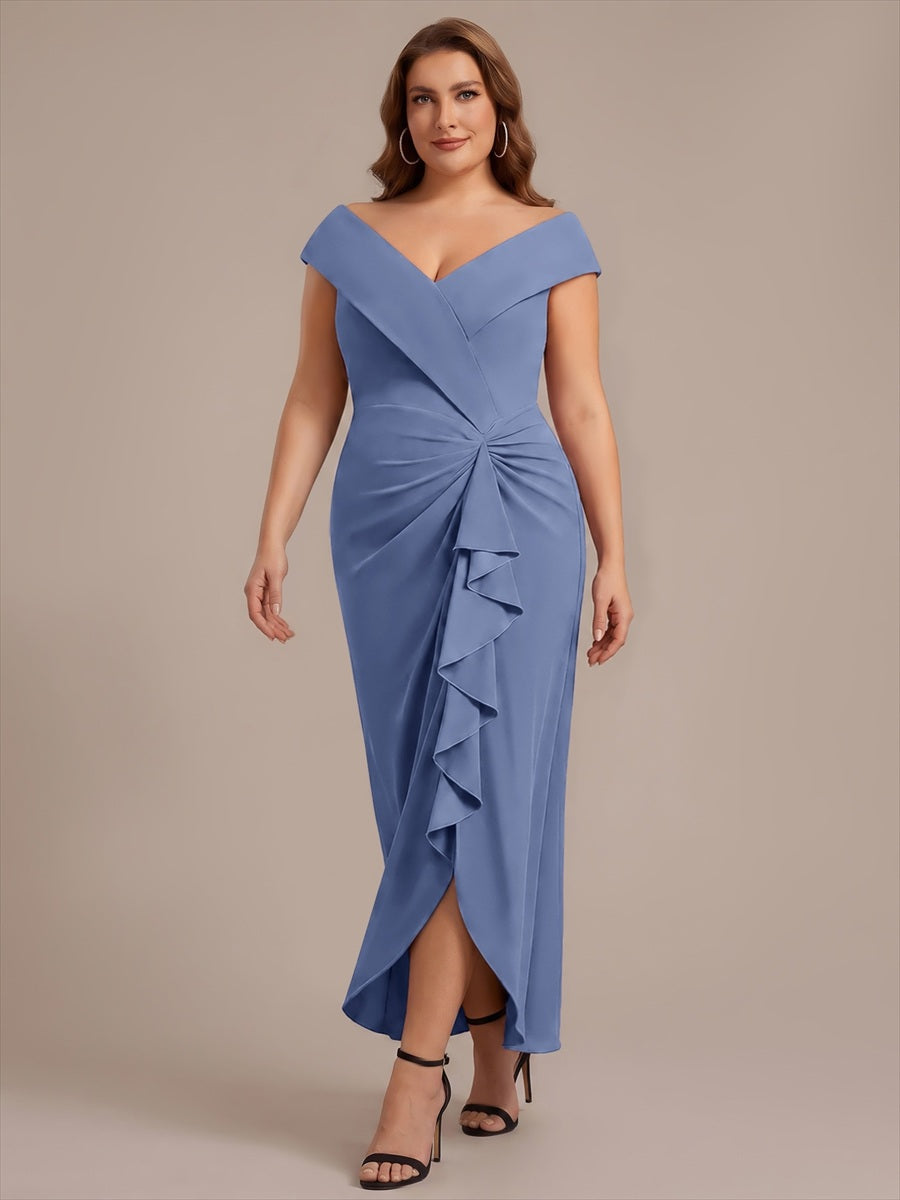 Robe sir¨¨ne ¨¤ encolure en V asym¨¦trique avec volants et fermeture ¨¦clair au dos sans manches tr¨¨s extensible #Couleur_Marine Fume