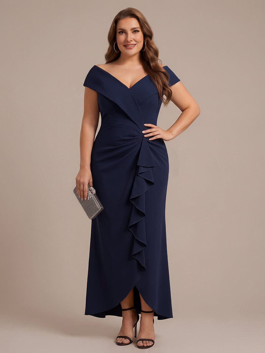 Robe sir¨¨ne ¨¤ encolure en V asym¨¦trique avec volants et fermeture ¨¦clair au dos sans manches tr¨¨s extensible #Couleur_Bleu Marine