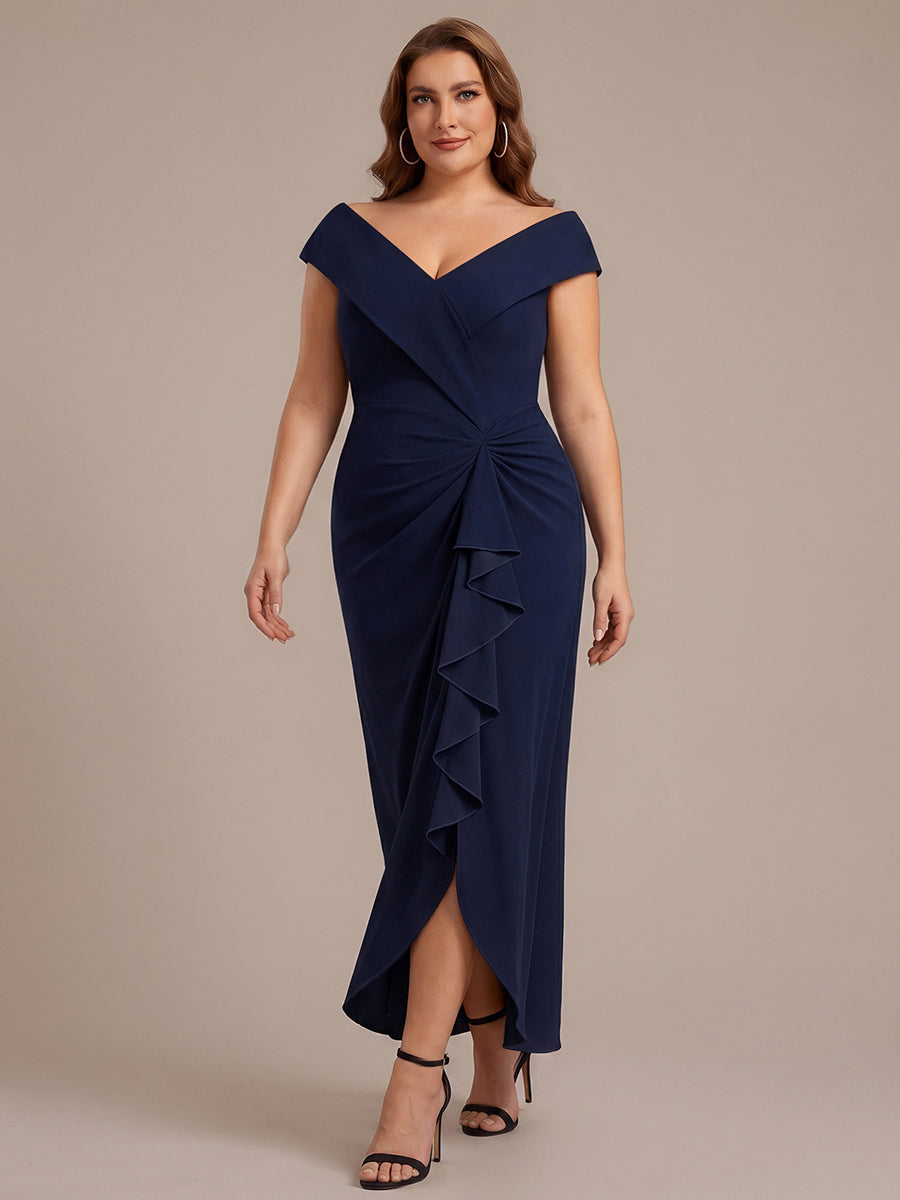 Robe sir¨¨ne ¨¤ encolure en V asym¨¦trique avec volants et fermeture ¨¦clair au dos sans manches tr¨¨s extensible #Couleur_Bleu Marine