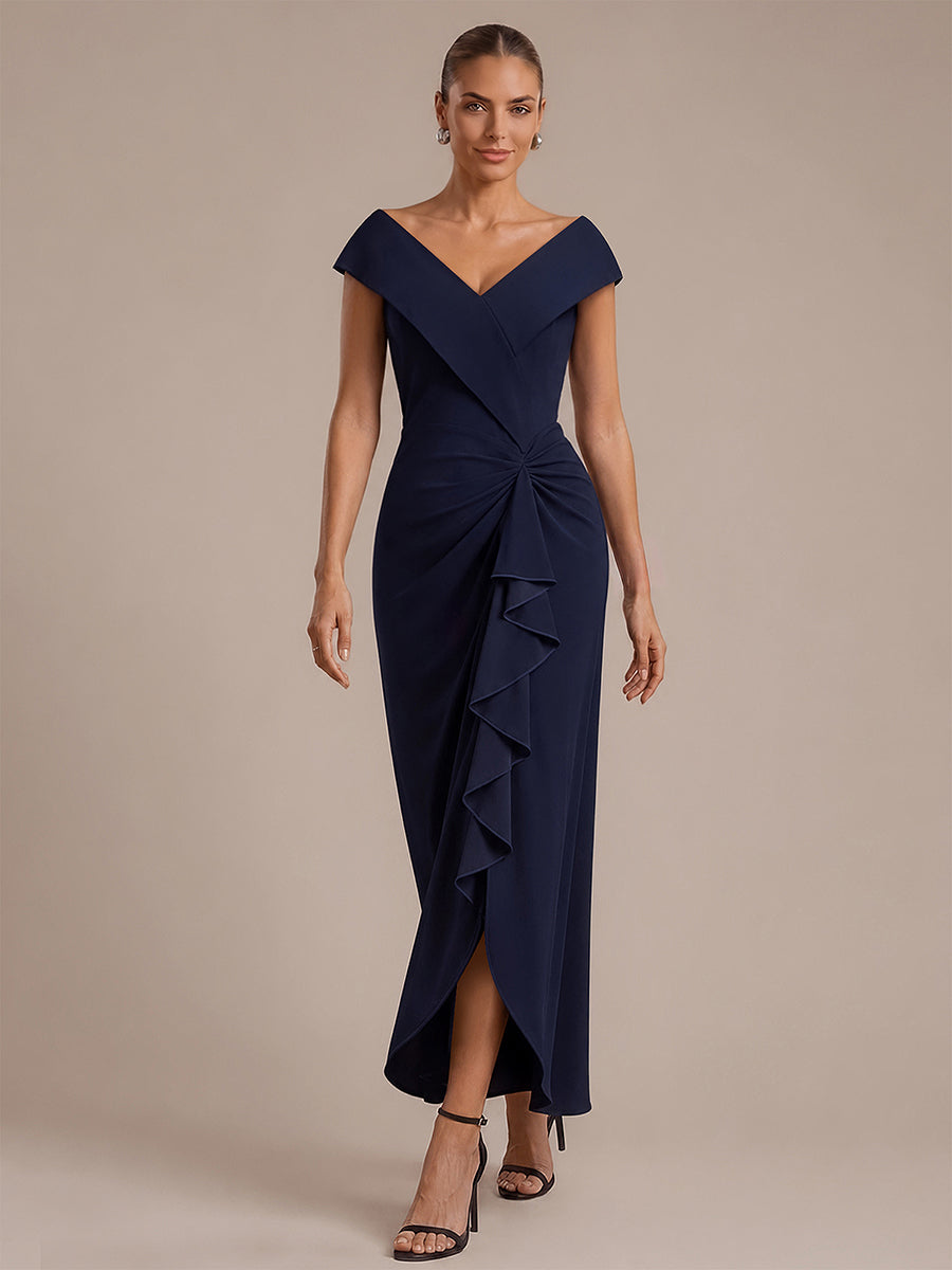 Robe sir¨¨ne ¨¤ encolure en V asym¨¦trique avec volants et fermeture ¨¦clair au dos sans manches tr¨¨s extensible #Couleur_Bleu Marine