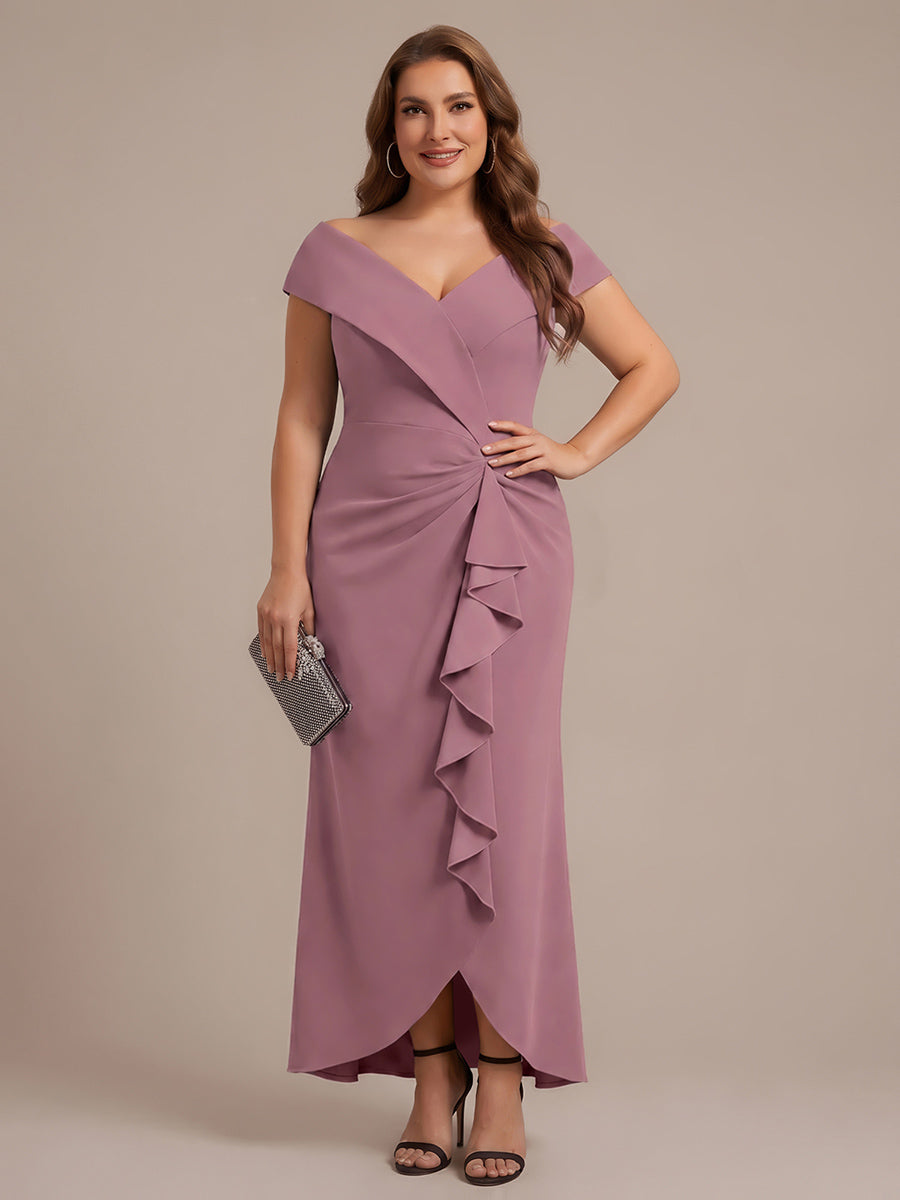 Robe sir¨¨ne ¨¤ encolure en V asym¨¦trique avec volants et fermeture ¨¦clair au dos sans manches tr¨¨s extensible #Couleur_Orchidee