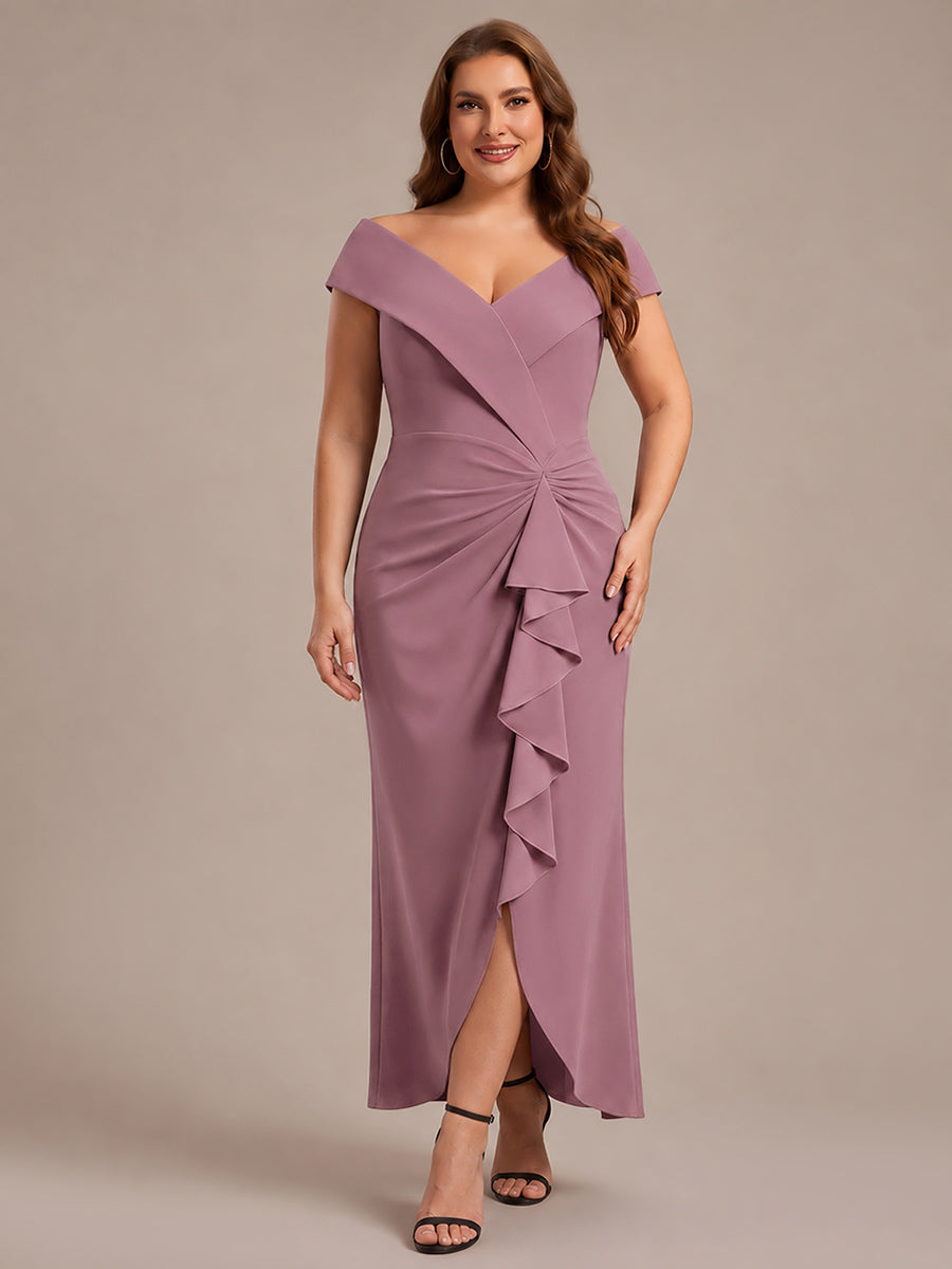 Robe sir¨¨ne ¨¤ encolure en V asym¨¦trique avec volants et fermeture ¨¦clair au dos sans manches tr¨¨s extensible #Couleur_Orchidee