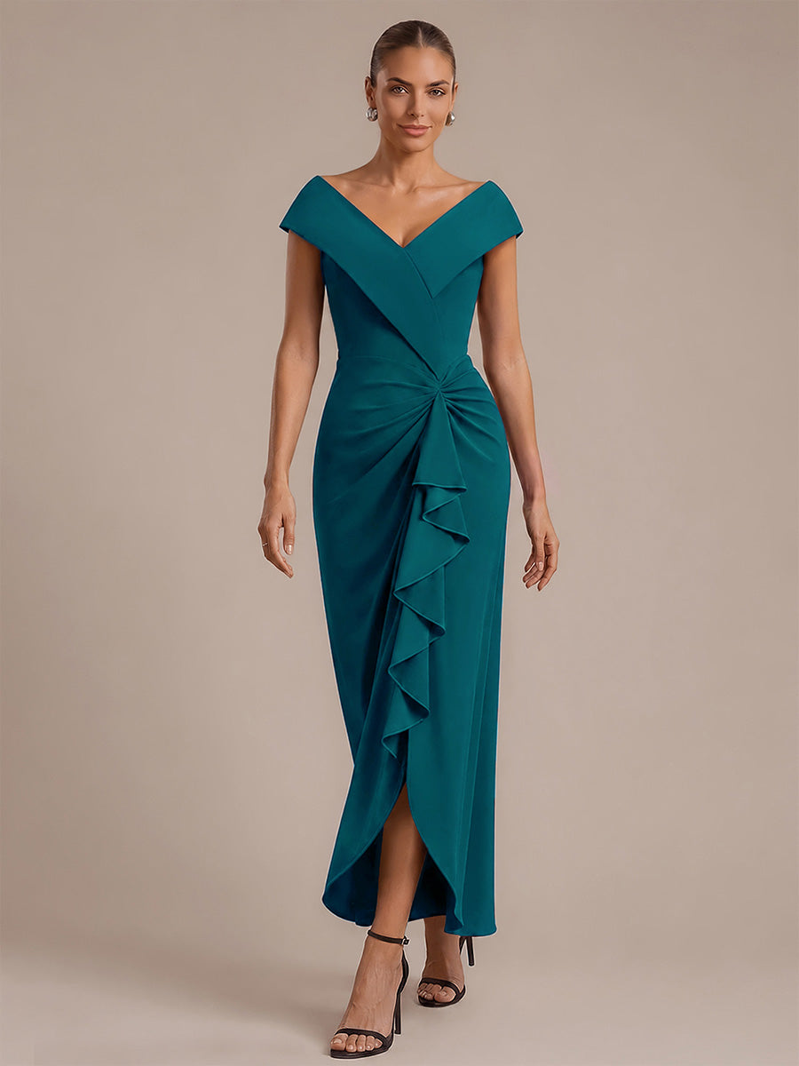 Robe sir¨¨ne ¨¤ encolure en V asym¨¦trique avec volants et fermeture ¨¦clair au dos sans manches tr¨¨s extensible #Couleur_Bleu Canard