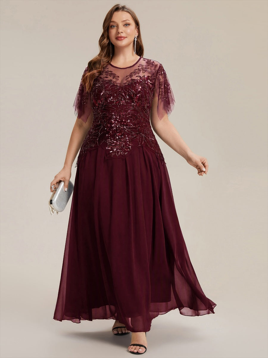 robe longue évasée à manches courtes avec volants sequins et broderies #Couleur_Bordeaux