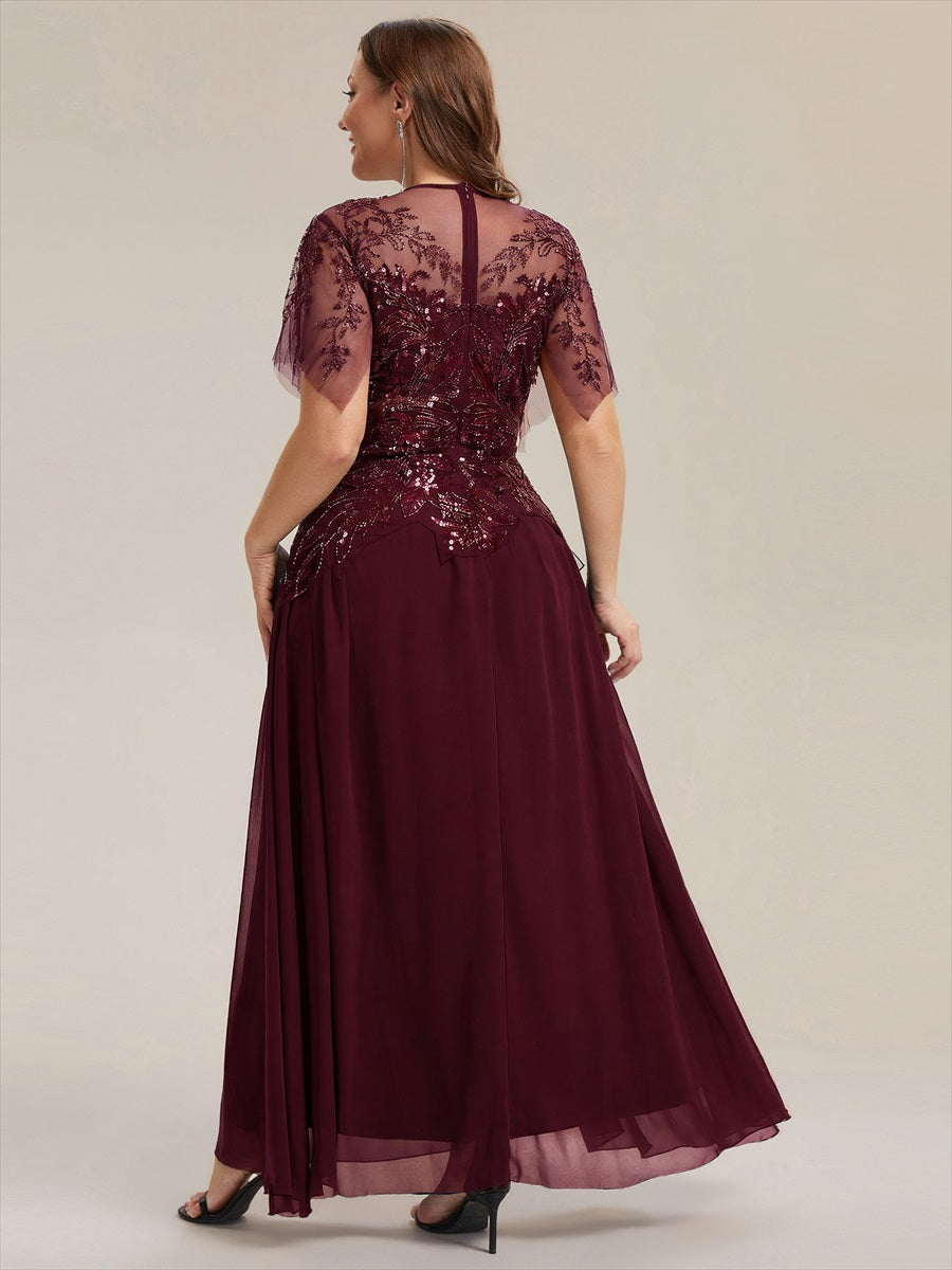 robe longue évasée à manches courtes avec volants sequins et broderies #Couleur_Bordeaux