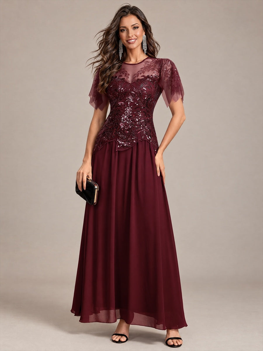 robe longue évasée à manches courtes avec volants sequins et broderies #Couleur_Bordeaux