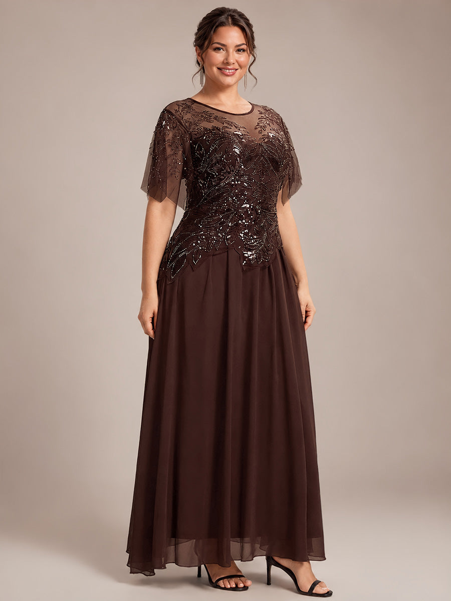 robe longue évasée à manches courtes avec volants sequins et broderies #Couleur_Braun