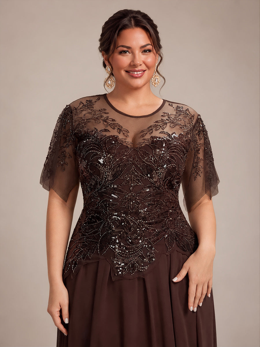robe longue évasée à manches courtes avec volants sequins et broderies #Couleur_Braun
