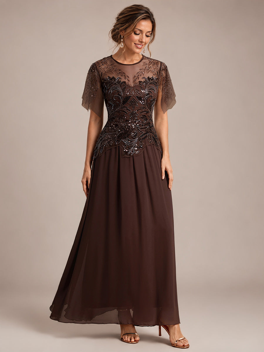 robe longue évasée à manches courtes avec volants sequins et broderies #Couleur_Braun