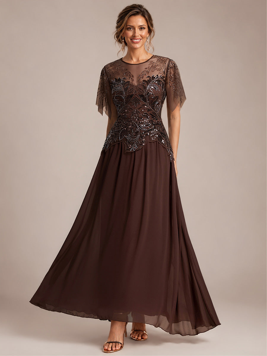 robe longue évasée à manches courtes avec volants sequins et broderies #Couleur_Braun
