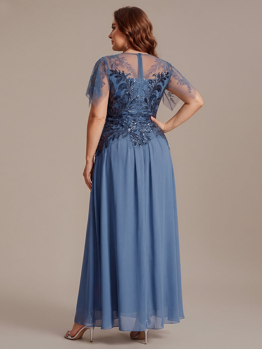 robe longue évasée à manches courtes avec volants sequins et broderies #Couleur_Marine Fume
