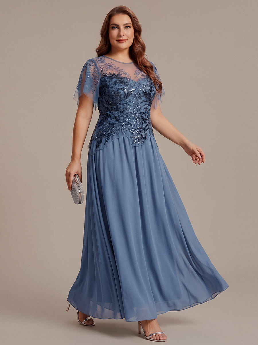 robe longue évasée à manches courtes avec volants sequins et broderies #Couleur_Marine Fume