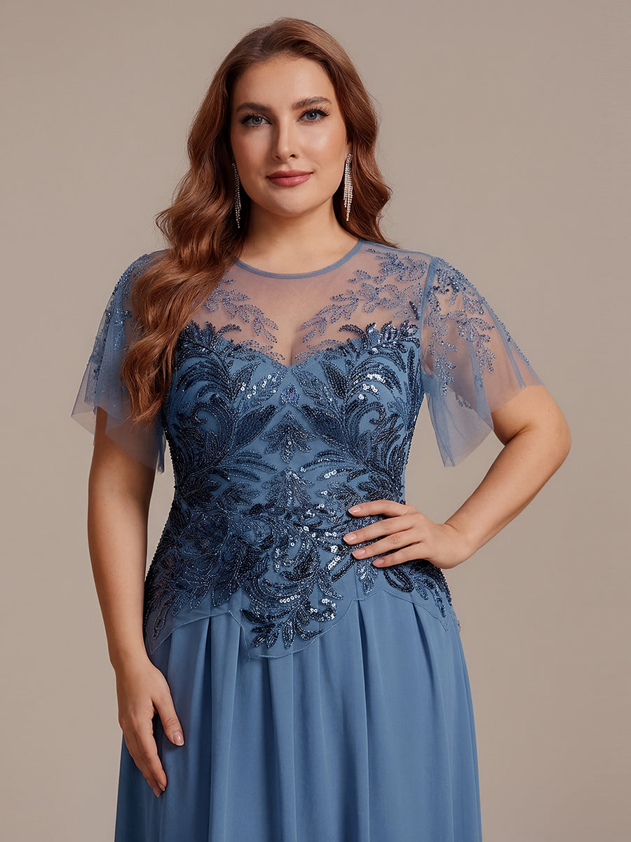 robe longue évasée à manches courtes avec volants sequins et broderies #Couleur_Marine Fume