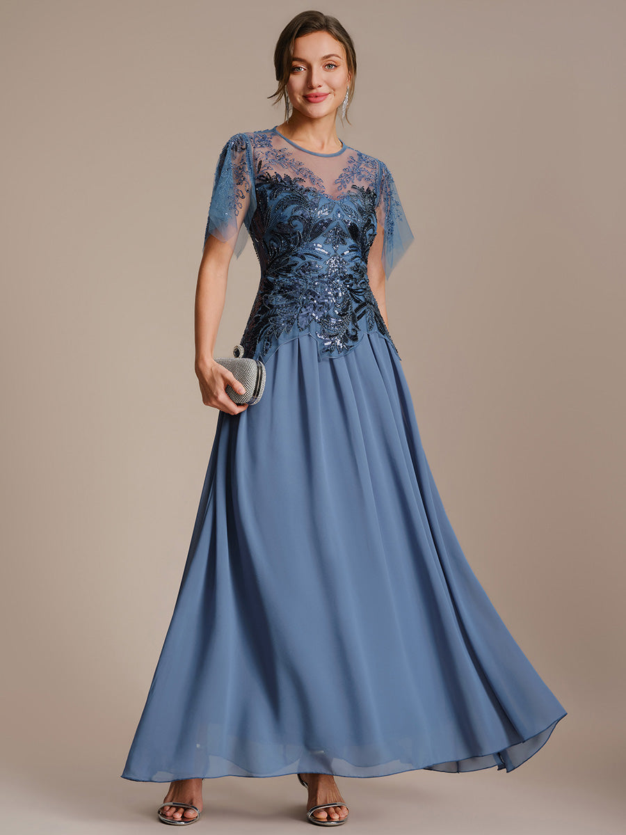 robe longue évasée à manches courtes avec volants sequins et broderies #Couleur_Marine Fume