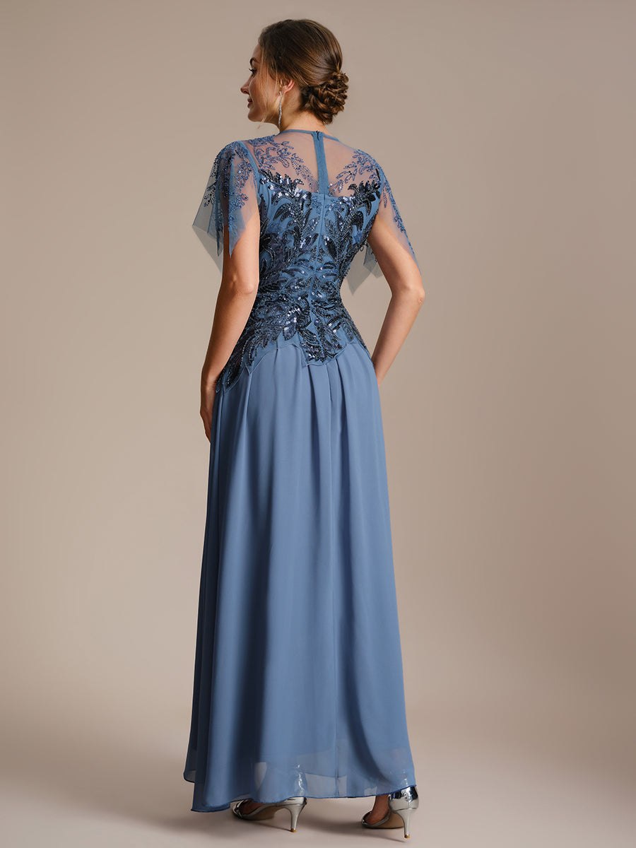 robe longue évasée à manches courtes avec volants sequins et broderies #Couleur_Marine Fume