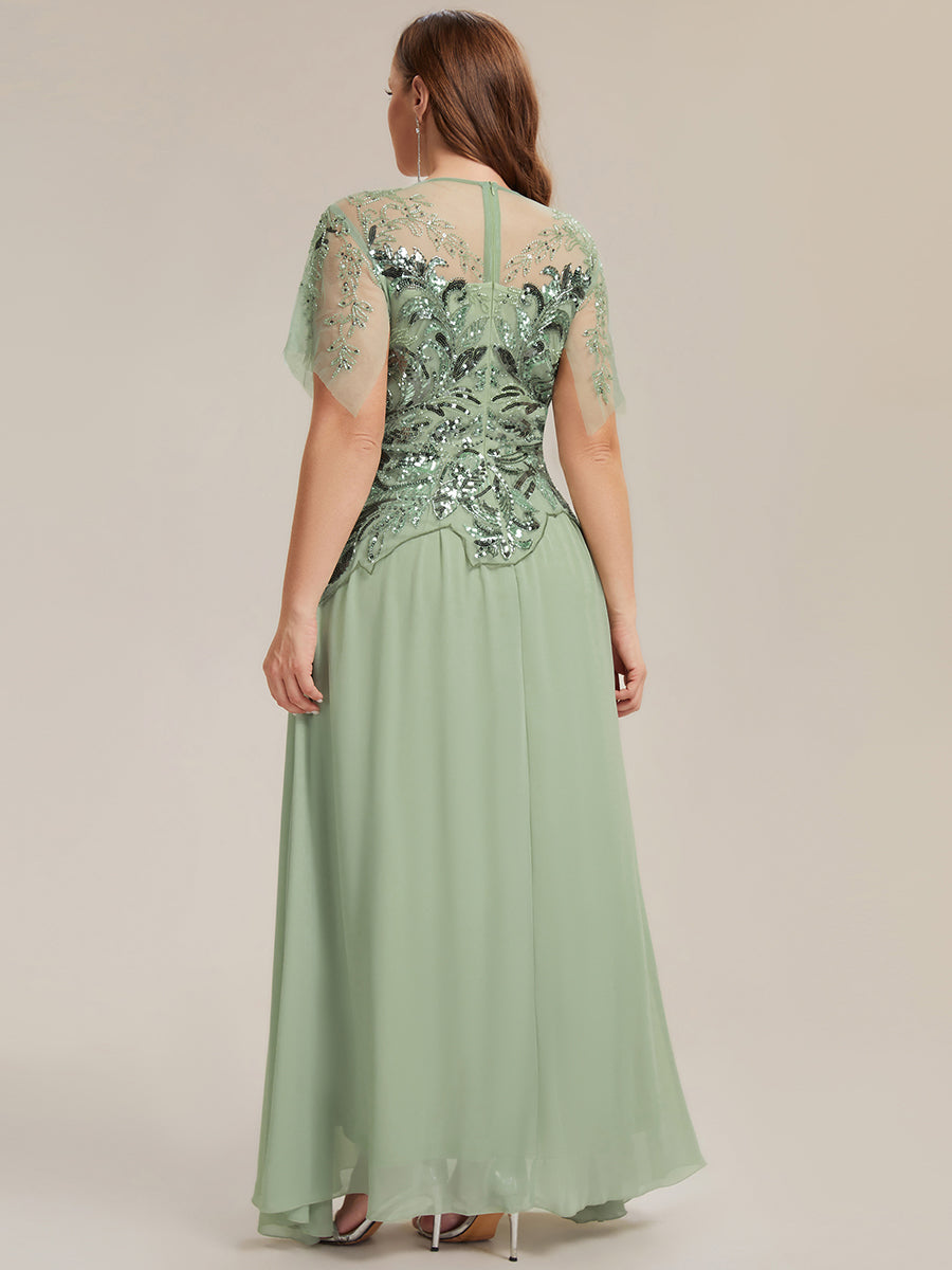 robe longue évasée à manches courtes avec volants sequins et broderies #Couleur_Menthe Verte