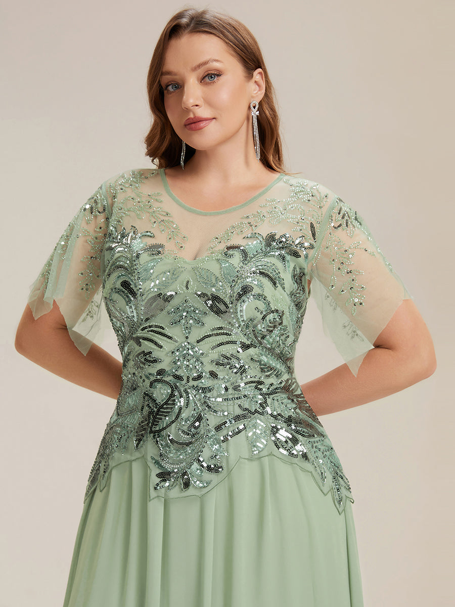 robe longue évasée à manches courtes avec volants sequins et broderies #Couleur_Menthe Verte