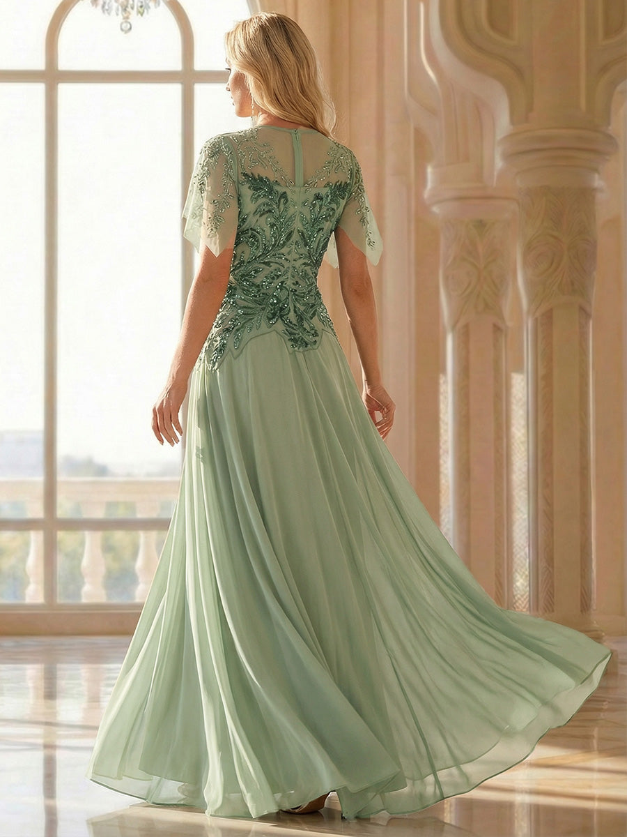 robe longue évasée à manches courtes avec volants sequins et broderies #Couleur_Menthe Verte
