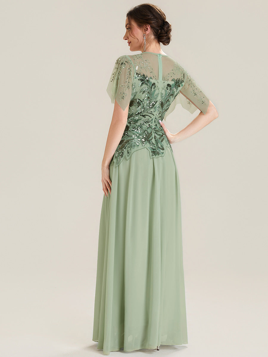 robe longue évasée à manches courtes avec volants sequins et broderies #Couleur_Menthe Verte