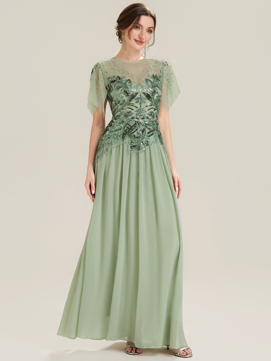 robe longue évasée à manches courtes avec volants sequins et broderies #Couleur_Menthe Verte