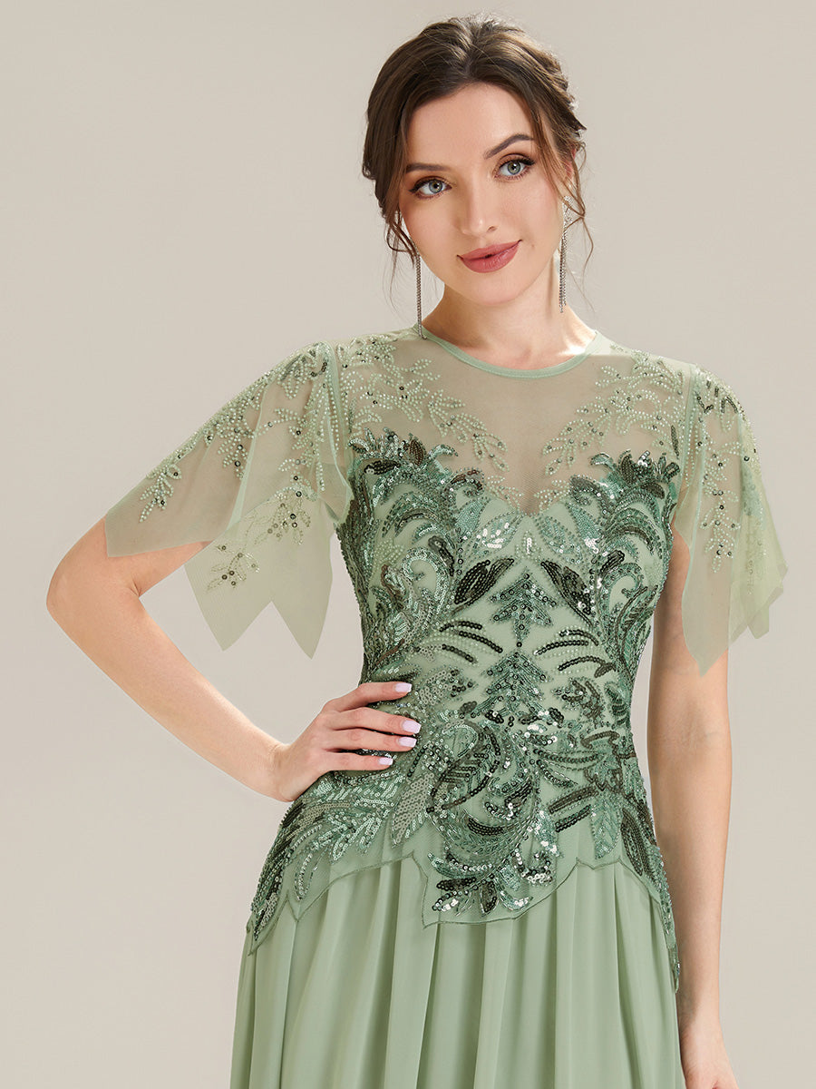 robe longue évasée à manches courtes avec volants sequins et broderies #Couleur_Menthe Verte