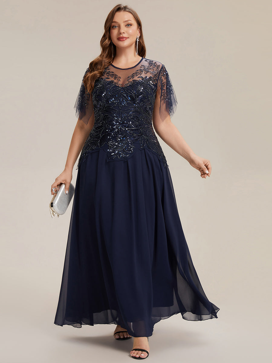 robe longue évasée à manches courtes avec volants sequins et broderies #Couleur_Bleu Marine