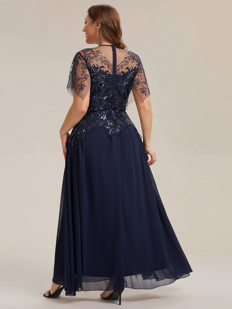 robe longue évasée à manches courtes avec volants sequins et broderies #Couleur_Bleu Marine