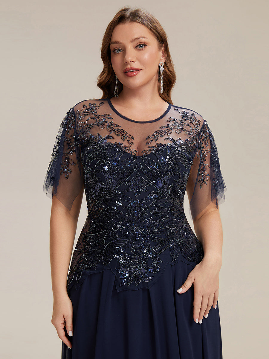 robe longue évasée à manches courtes avec volants sequins et broderies #Couleur_Bleu Marine