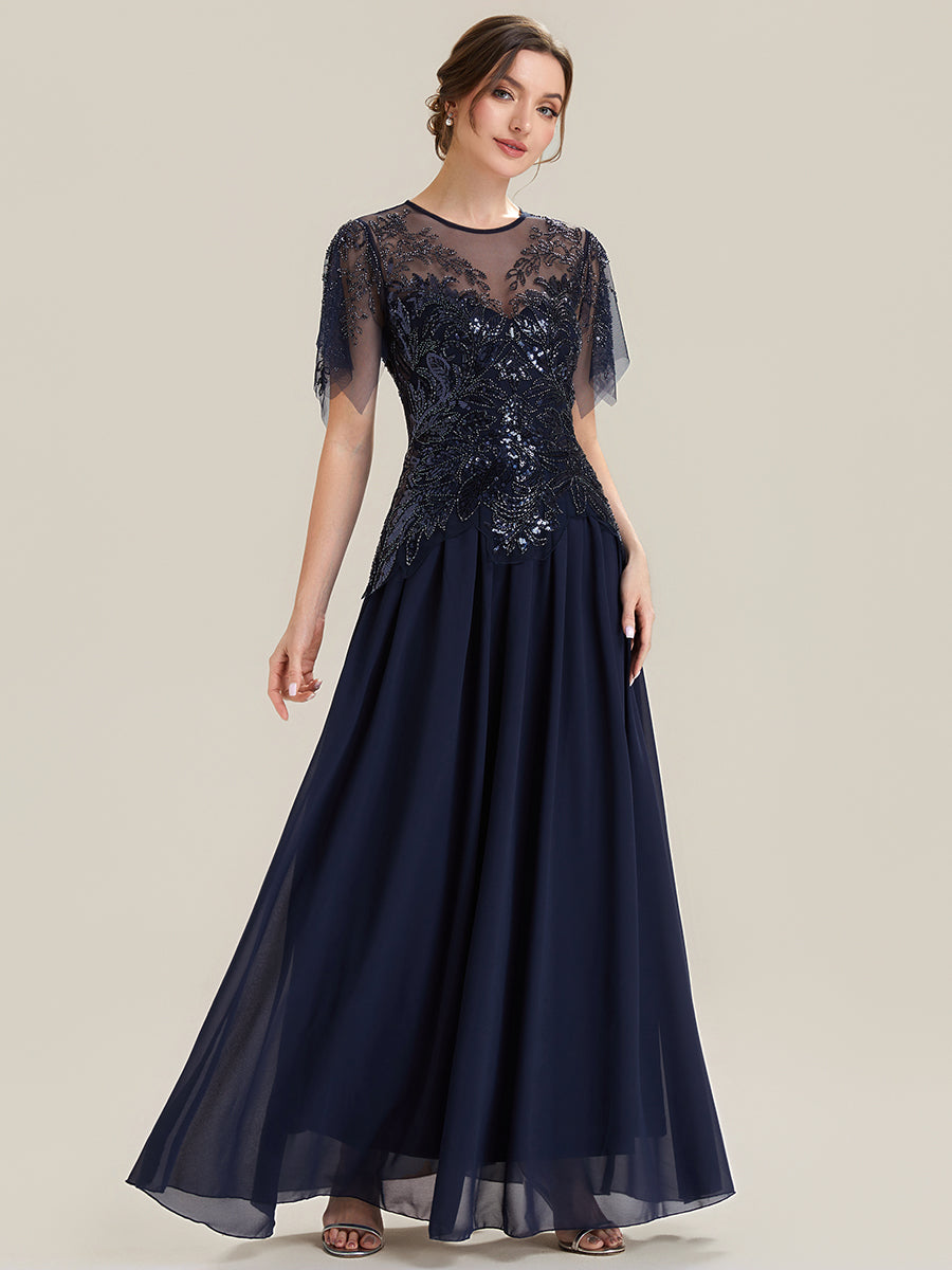 robe longue évasée à manches courtes avec volants sequins et broderies #Couleur_Bleu Marine