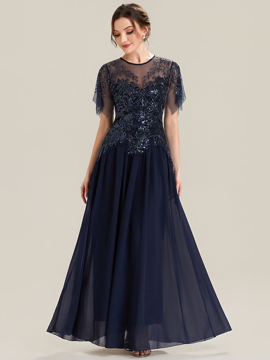 robe longue évasée à manches courtes avec volants sequins et broderies #Couleur_Bleu Marine