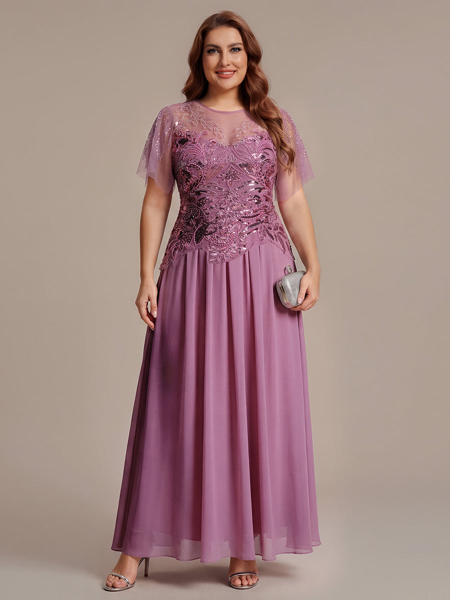 robe longue évasée à manches courtes avec volants sequins et broderies #Couleur_Orchidee