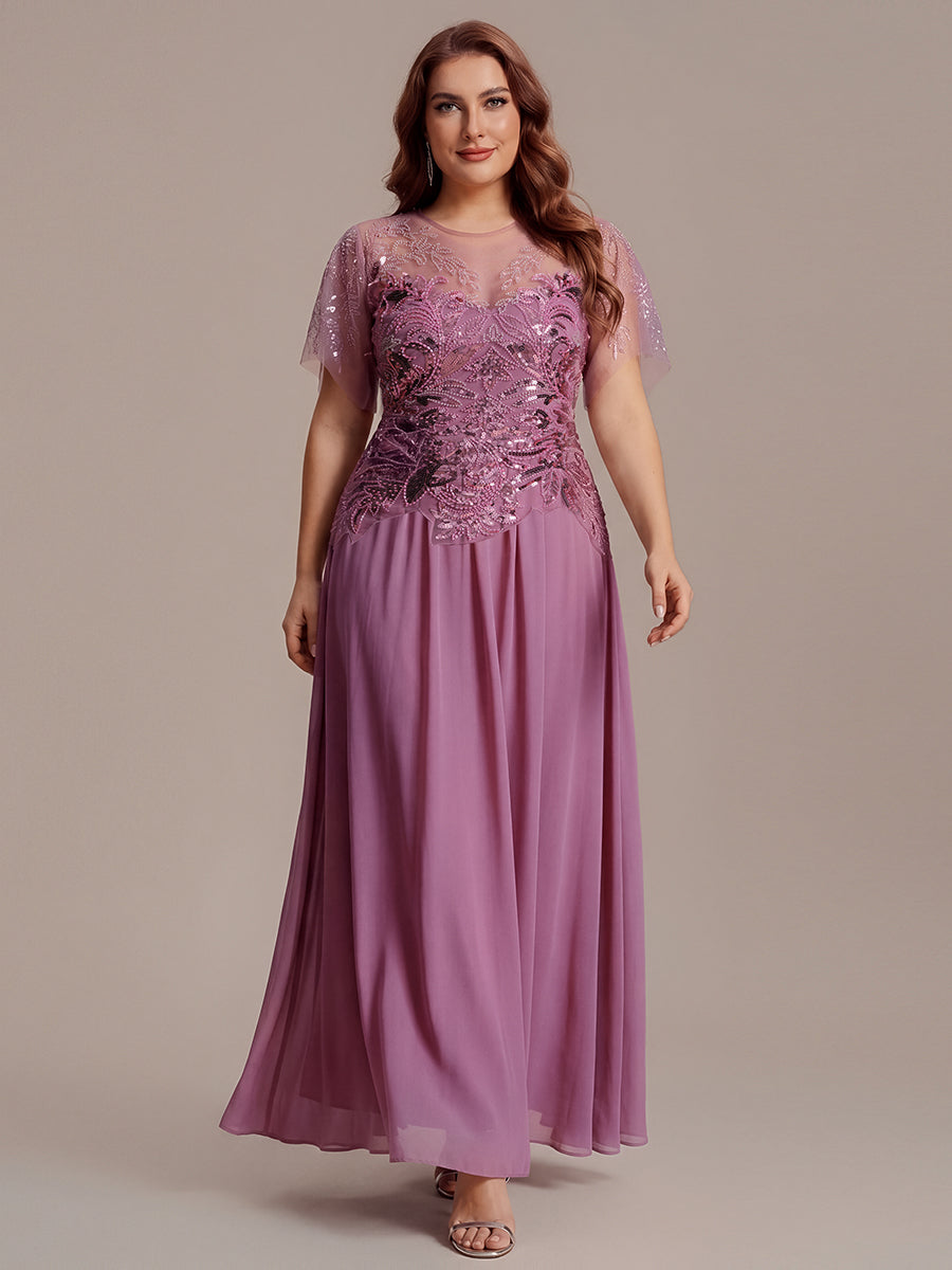 robe longue évasée à manches courtes avec volants sequins et broderies #Couleur_Orchidee