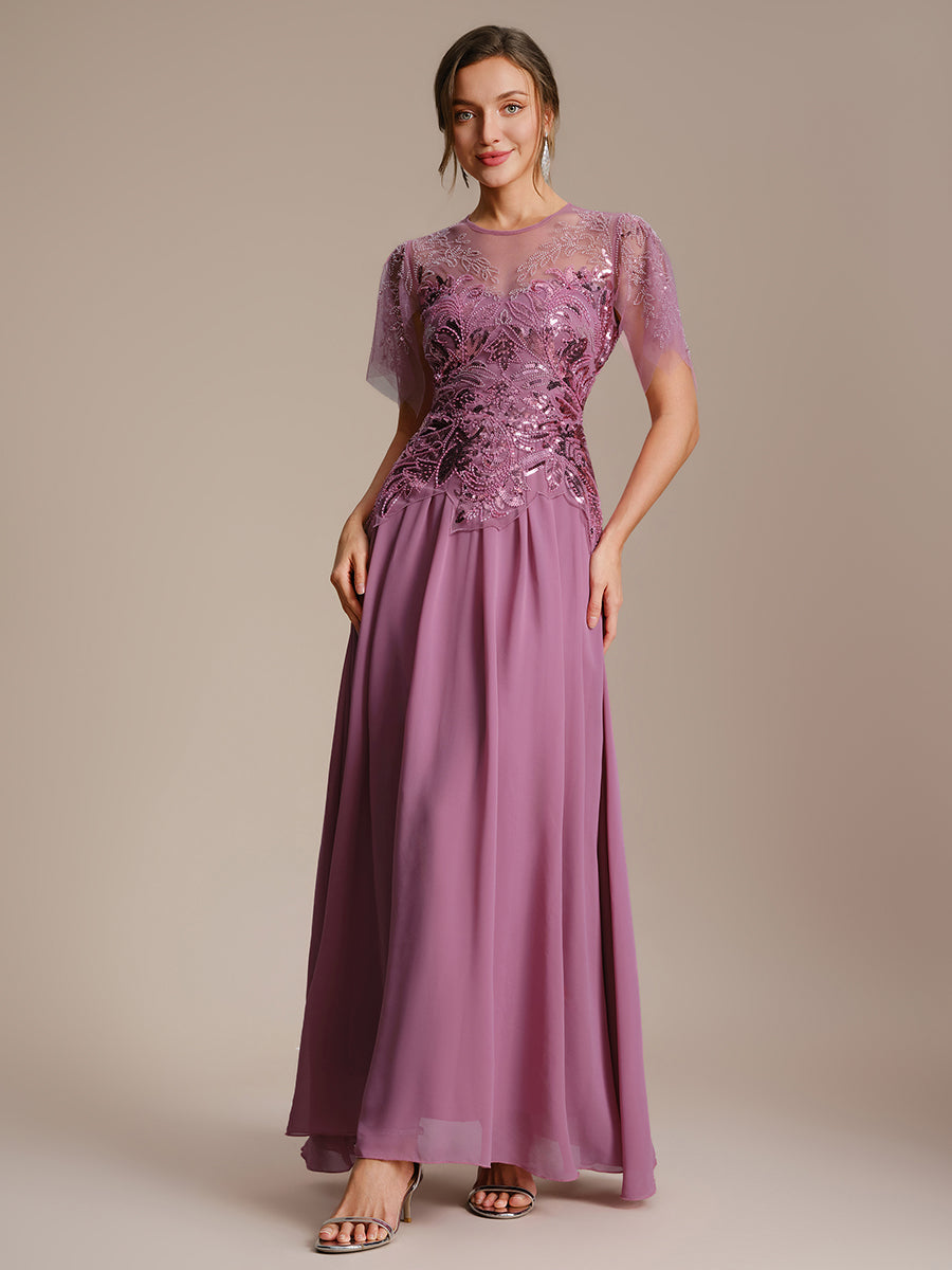 robe longue évasée à manches courtes avec volants sequins et broderies #Couleur_Orchidee