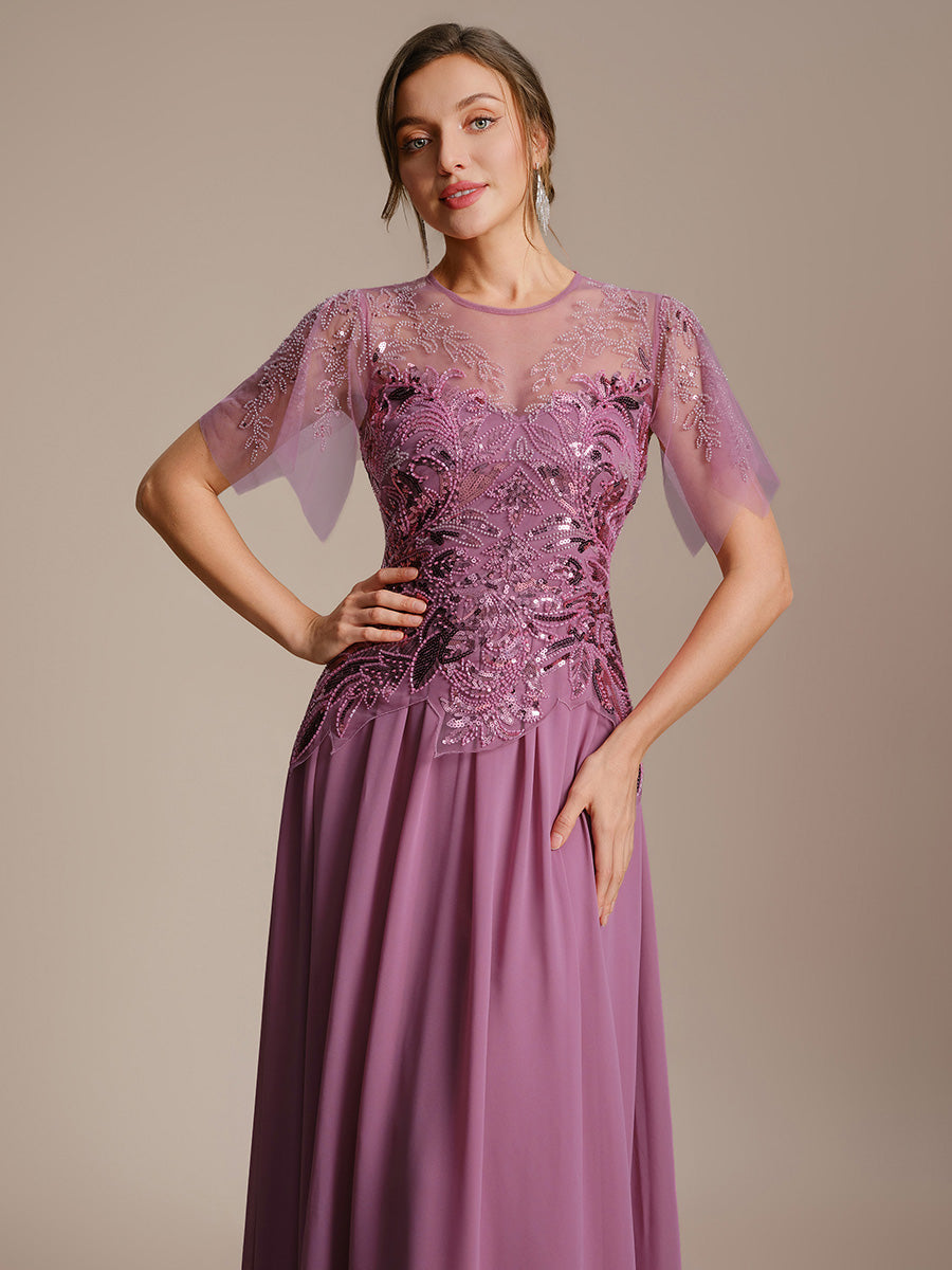 robe longue évasée à manches courtes avec volants sequins et broderies #Couleur_Orchidee