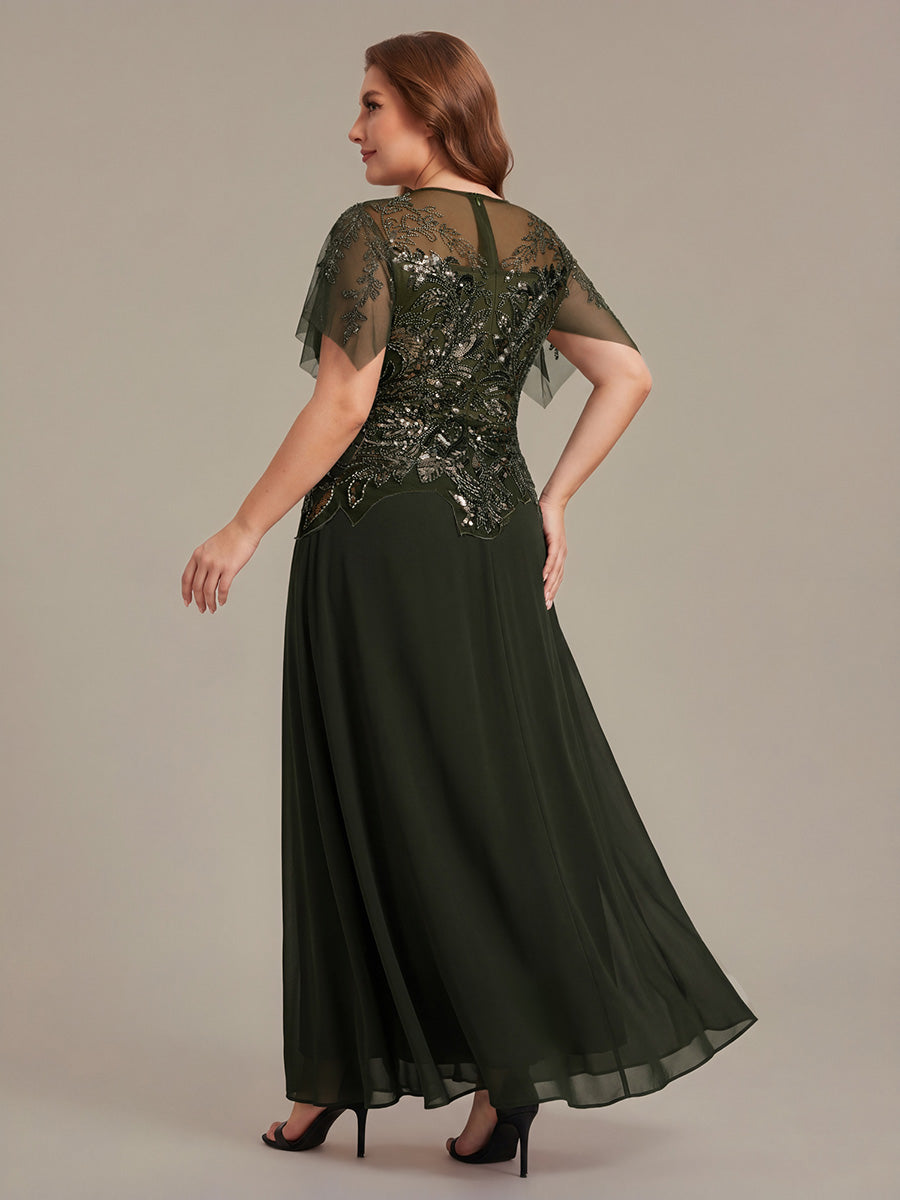 robe longue évasée à manches courtes avec volants sequins et broderies #Couleur_Vert Olive
