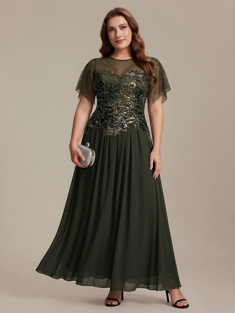 robe longue évasée à manches courtes avec volants sequins et broderies #Couleur_Vert Olive