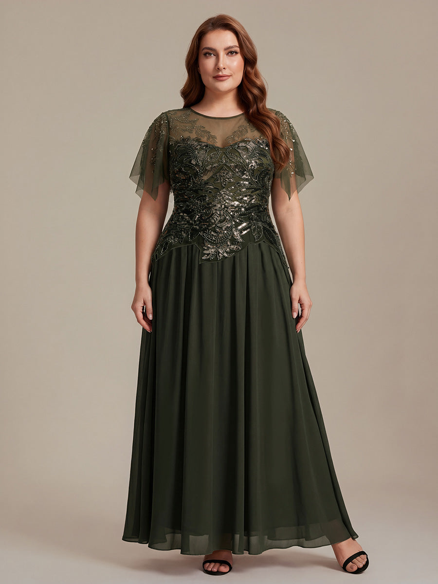 robe longue évasée à manches courtes avec volants sequins et broderies #Couleur_Vert Olive