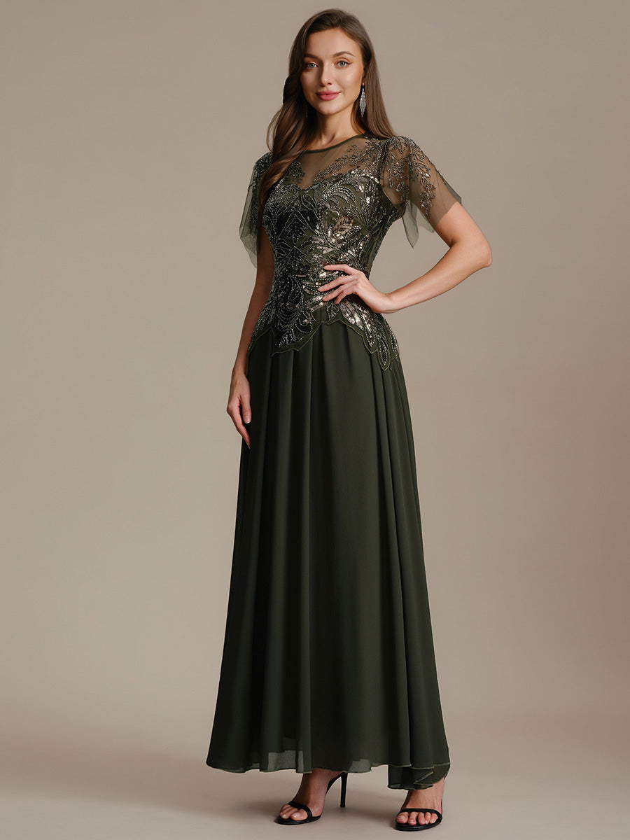 robe longue évasée à manches courtes avec volants sequins et broderies #Couleur_Vert Olive