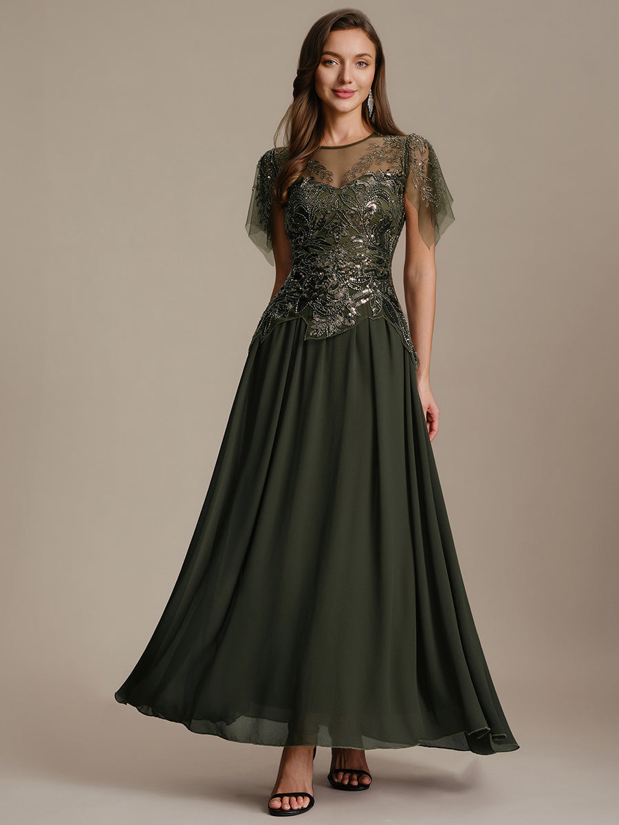 robe longue évasée à manches courtes avec volants sequins et broderies #Couleur_Vert Olive