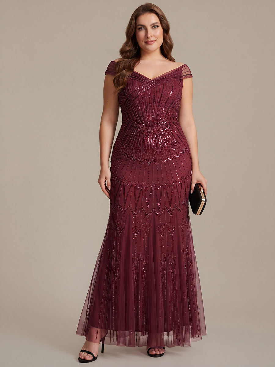 Robe longue sirène élégante à col en V manches courtes et tissu extensible #Couleur_Bordeaux