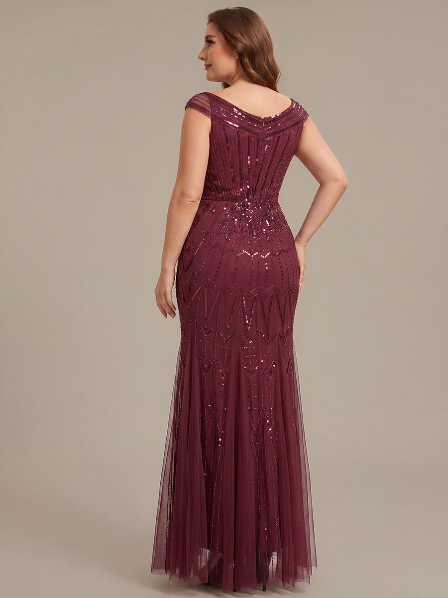 Robe longue sirène élégante à col en V manches courtes et tissu extensible #Couleur_Bordeaux