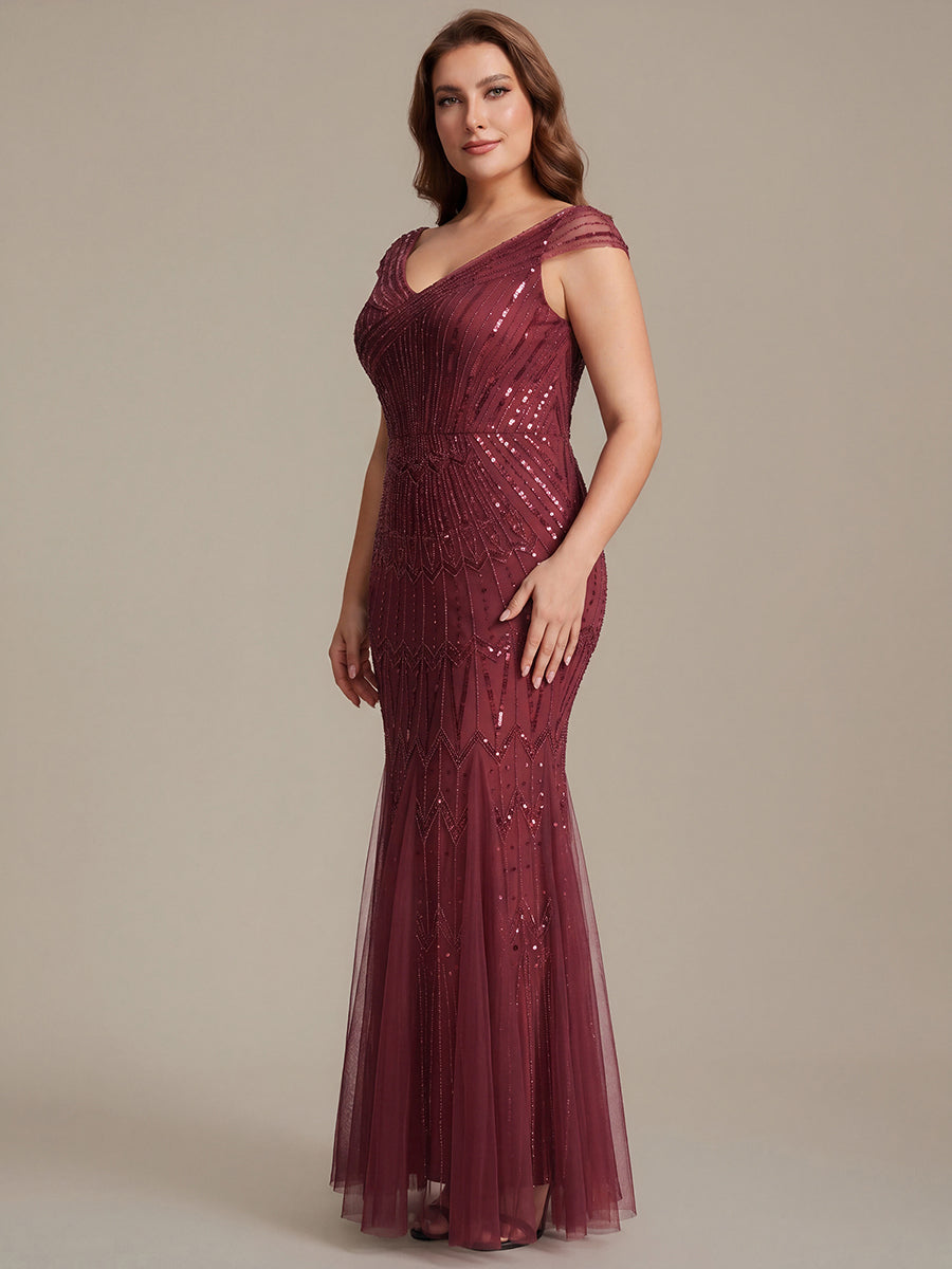 Robe longue sirène élégante à col en V manches courtes et tissu extensible #Couleur_Bordeaux